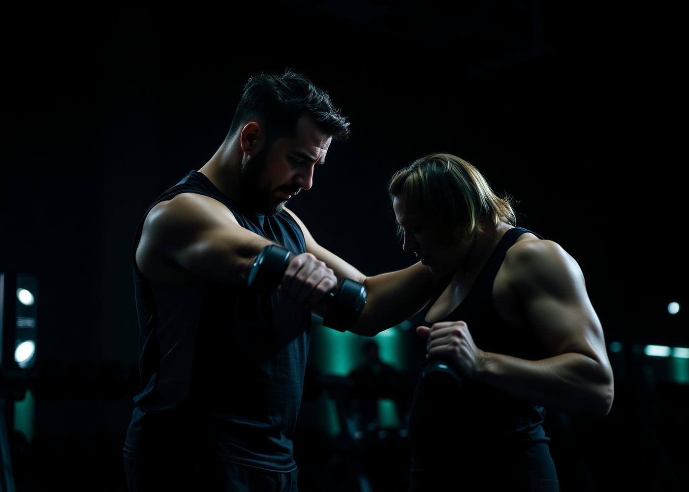 Coach guiding a client through a dumbbell exercise